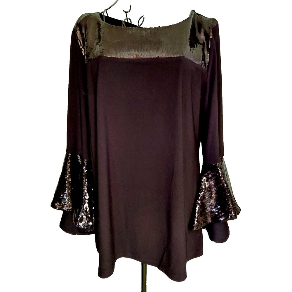 Prelude Sequined Blouse Womens Sz L Bell Sleeves
